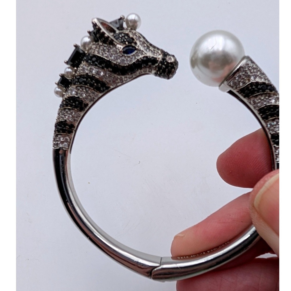 Kate Spade Zebra Hinged Cuff Bracelet Silver Tone Pave Crystal Faux Pearl Bypass - Picture 4 of 7